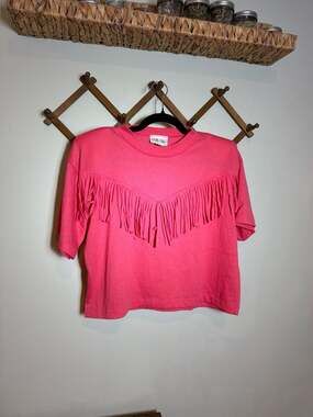 Vintage 90s Sky Lite Hot Pink Fringe Cropped T-Shirt Made in USA